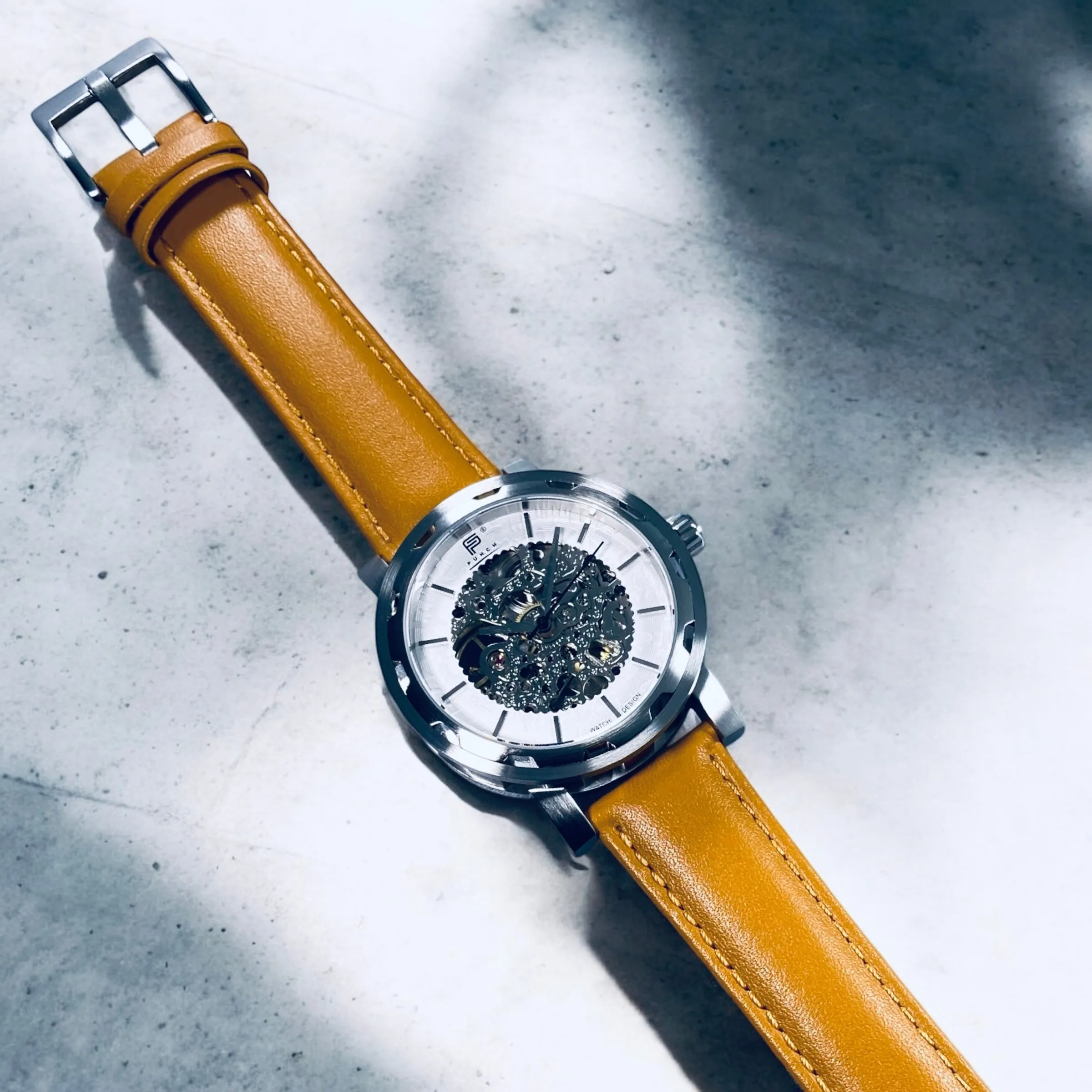PUNCH Mens Watch, Silver & White Skeleton Automatic Watch - Tan Leather Strap