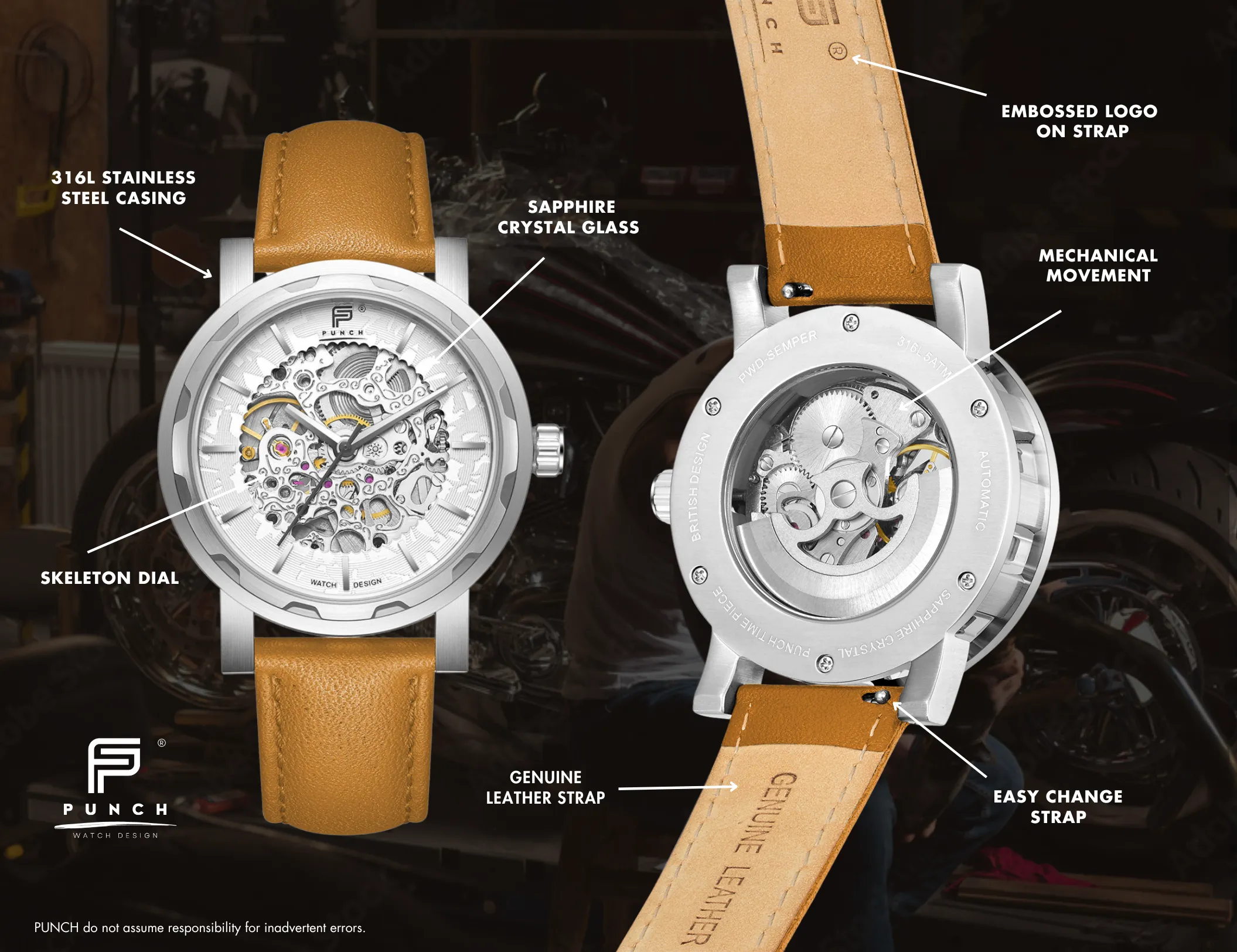 PUNCH Mens Watch, Silver & White Skeleton Automatic Watch - Tan Leather Strap