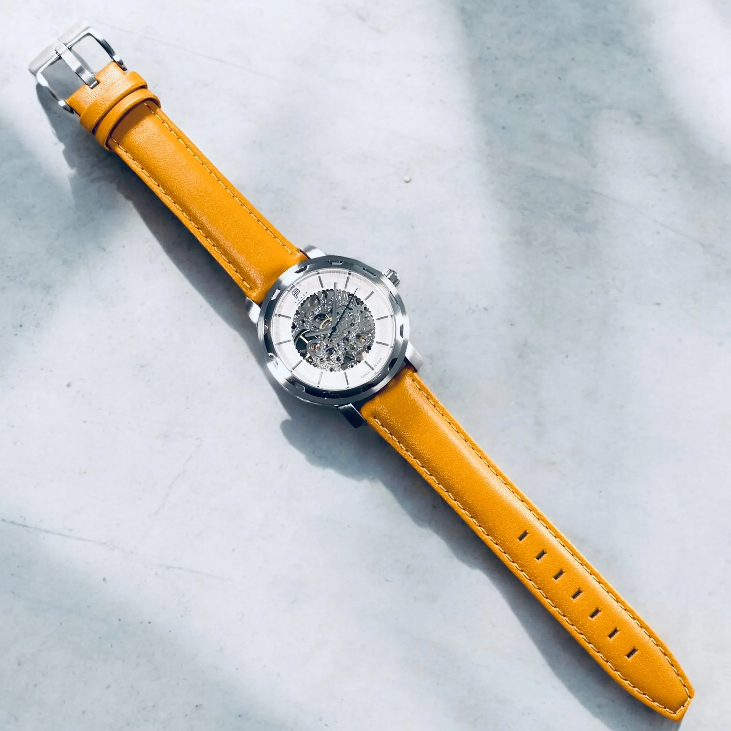 PUNCH Mens Watch, Silver & White Skeleton Automatic Watch - Tan Leather Strap
