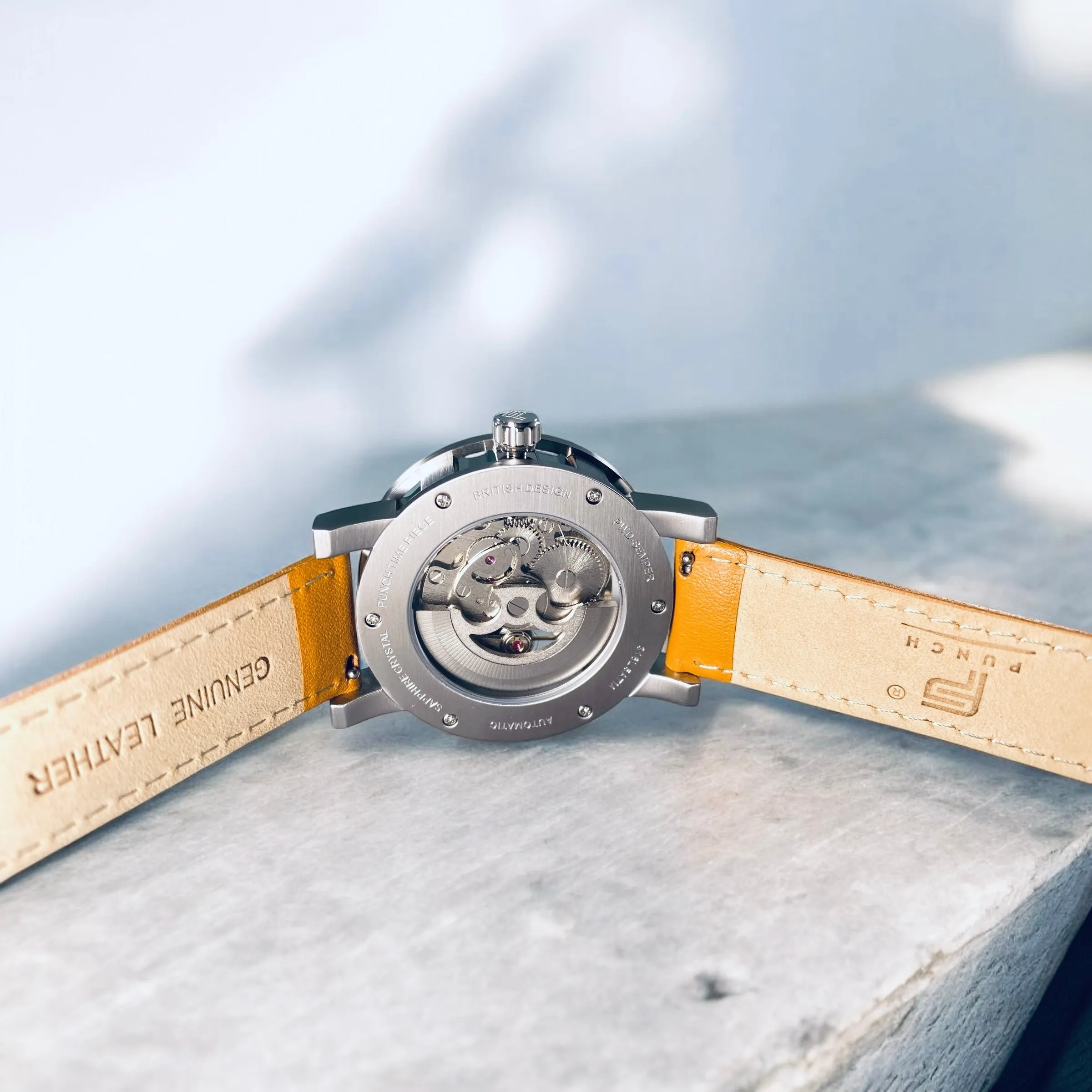 PUNCH Mens Watch, Silver & White Skeleton Automatic Watch - Tan Leather Strap