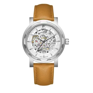 PUNCH Mens Watch, Silver & White Skeleton Automatic Watch - Tan Leather Strap
