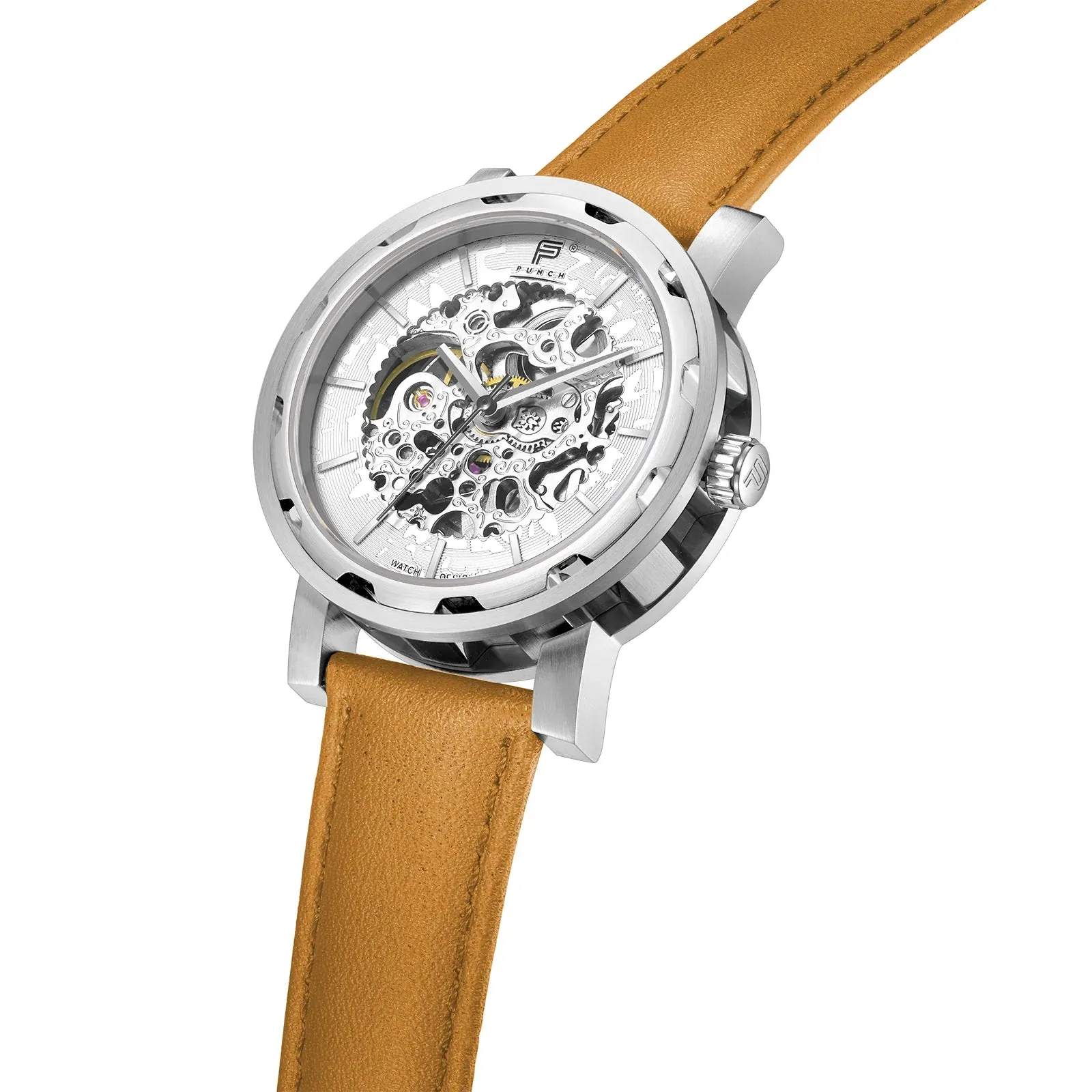 PUNCH Mens Watch, Silver & White Skeleton Automatic Watch - Tan Leather Strap