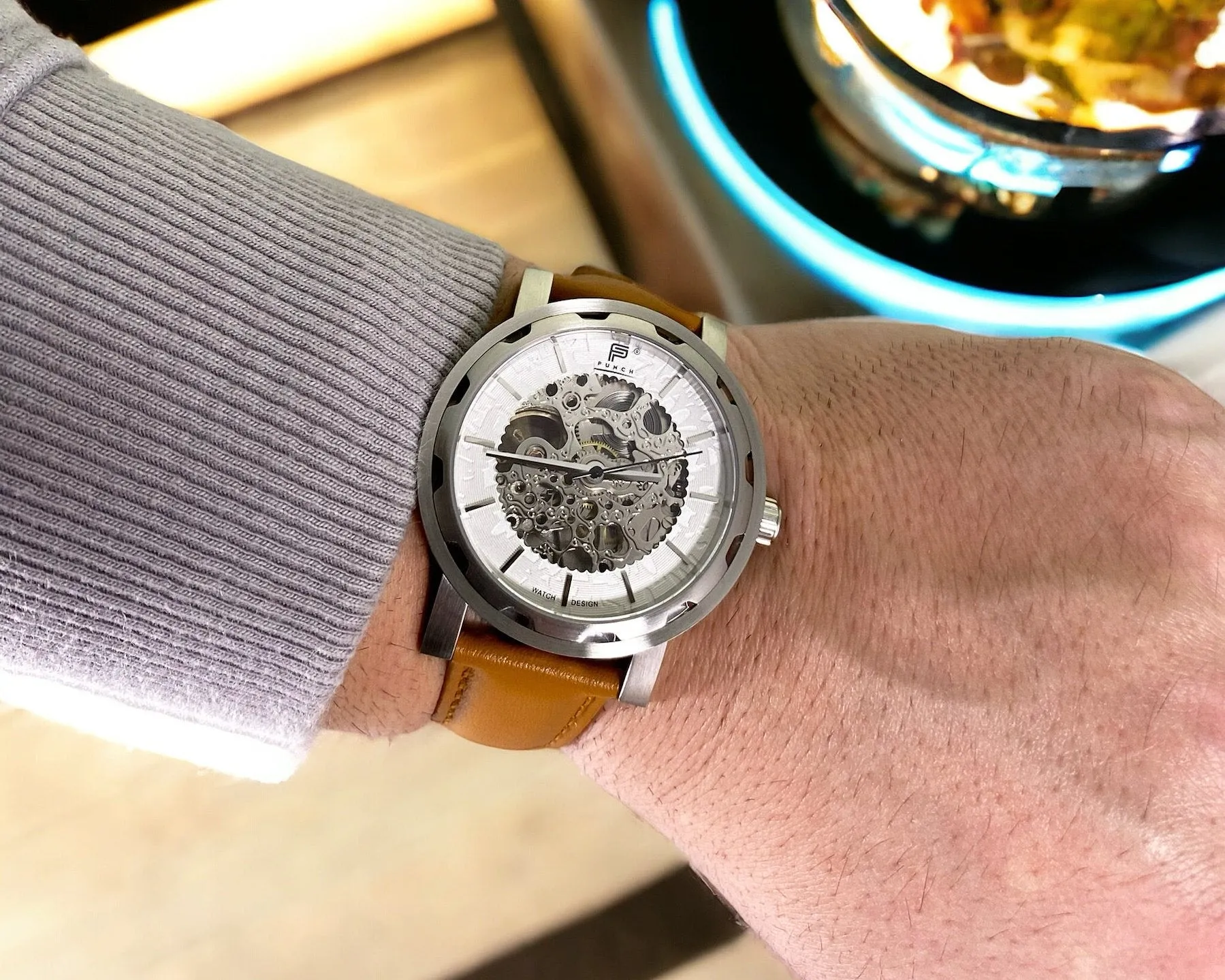 PUNCH Mens Watch, Silver & White Skeleton Automatic Watch - Tan Leather Strap