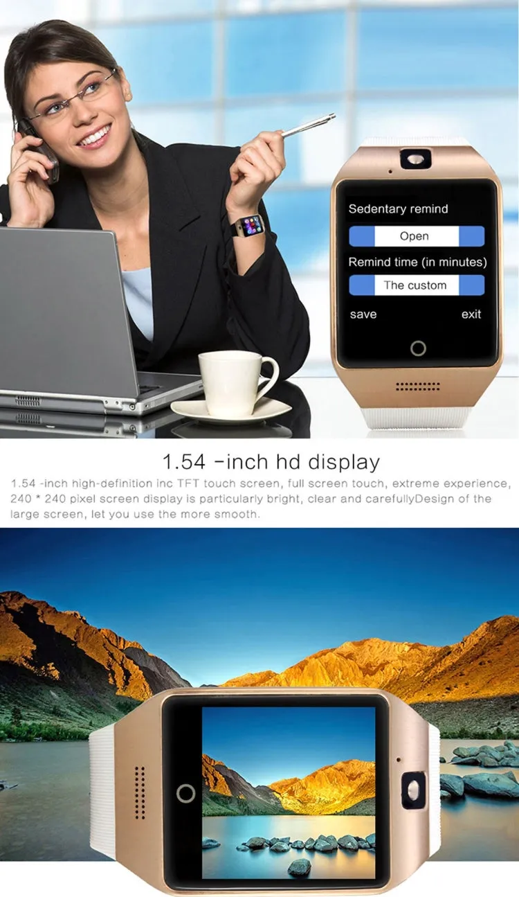 Q18S 1.54 inch IPS Screen MTK6260A Bluetooth 3.0 Smart Watch Phone, Pedometer / Sedentary Reminder / Sleeping Monitor  / Anti-Loss / Remote Camera / GSM / 0.3M Camera (Black   Gold)