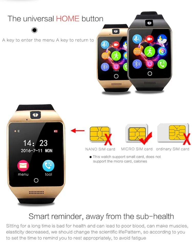 Q18S 1.54 inch IPS Screen MTK6260A Bluetooth 3.0 Smart Watch Phone, Pedometer / Sedentary Reminder / Sleeping Monitor  / Anti-Loss / Remote Camera / GSM / 0.3M Camera (Black   Gold)