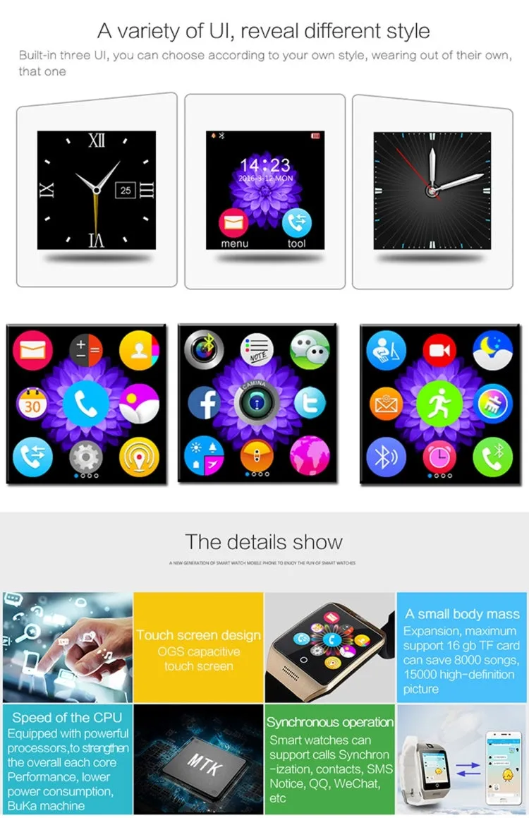 Q18S 1.54 inch IPS Screen MTK6260A Bluetooth 3.0 Smart Watch Phone, Pedometer / Sedentary Reminder / Sleeping Monitor  / Anti-Loss / Remote Camera / GSM / 0.3M Camera (Black   Gold)