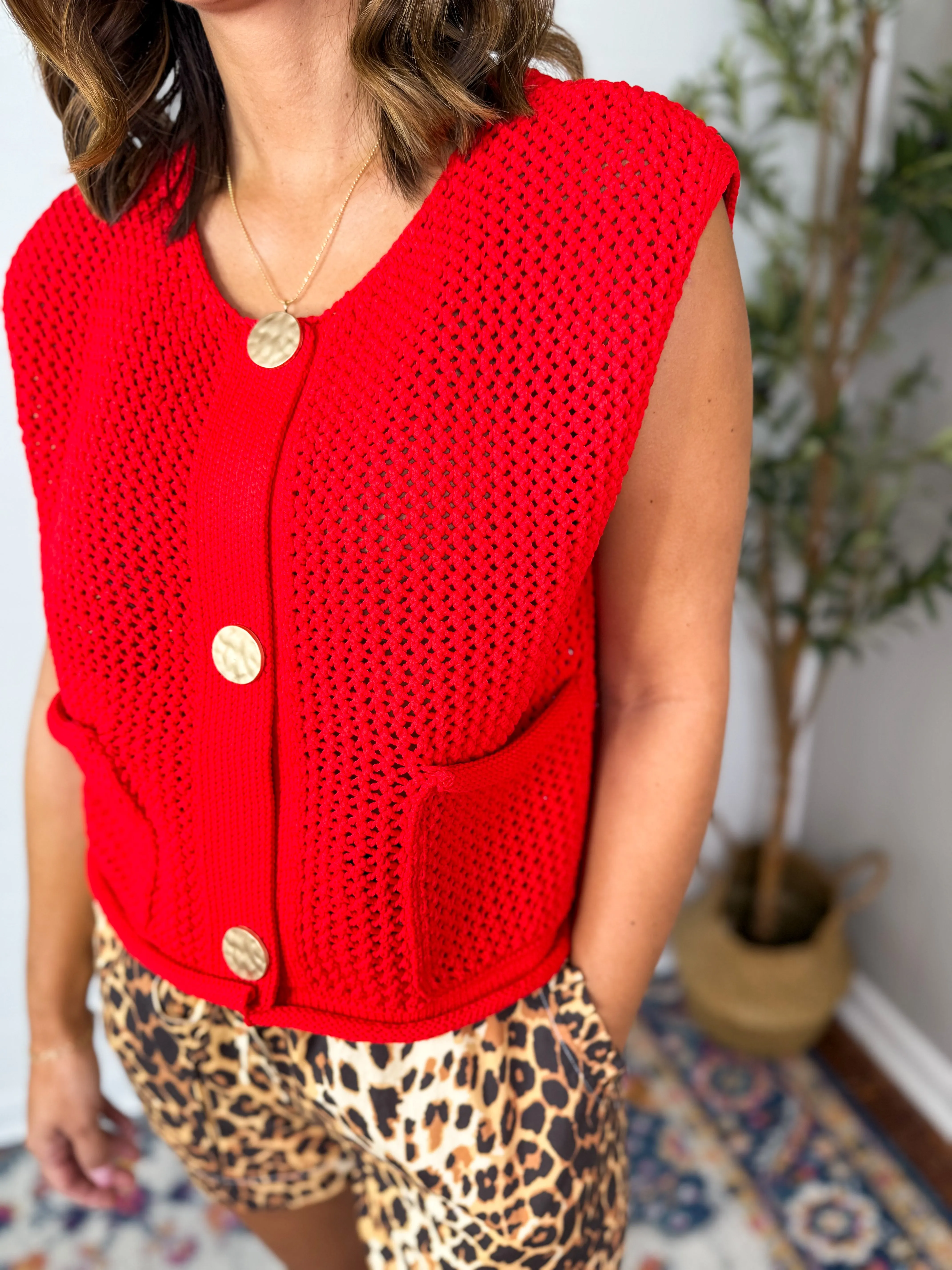 Red Button Front Sweater Vest