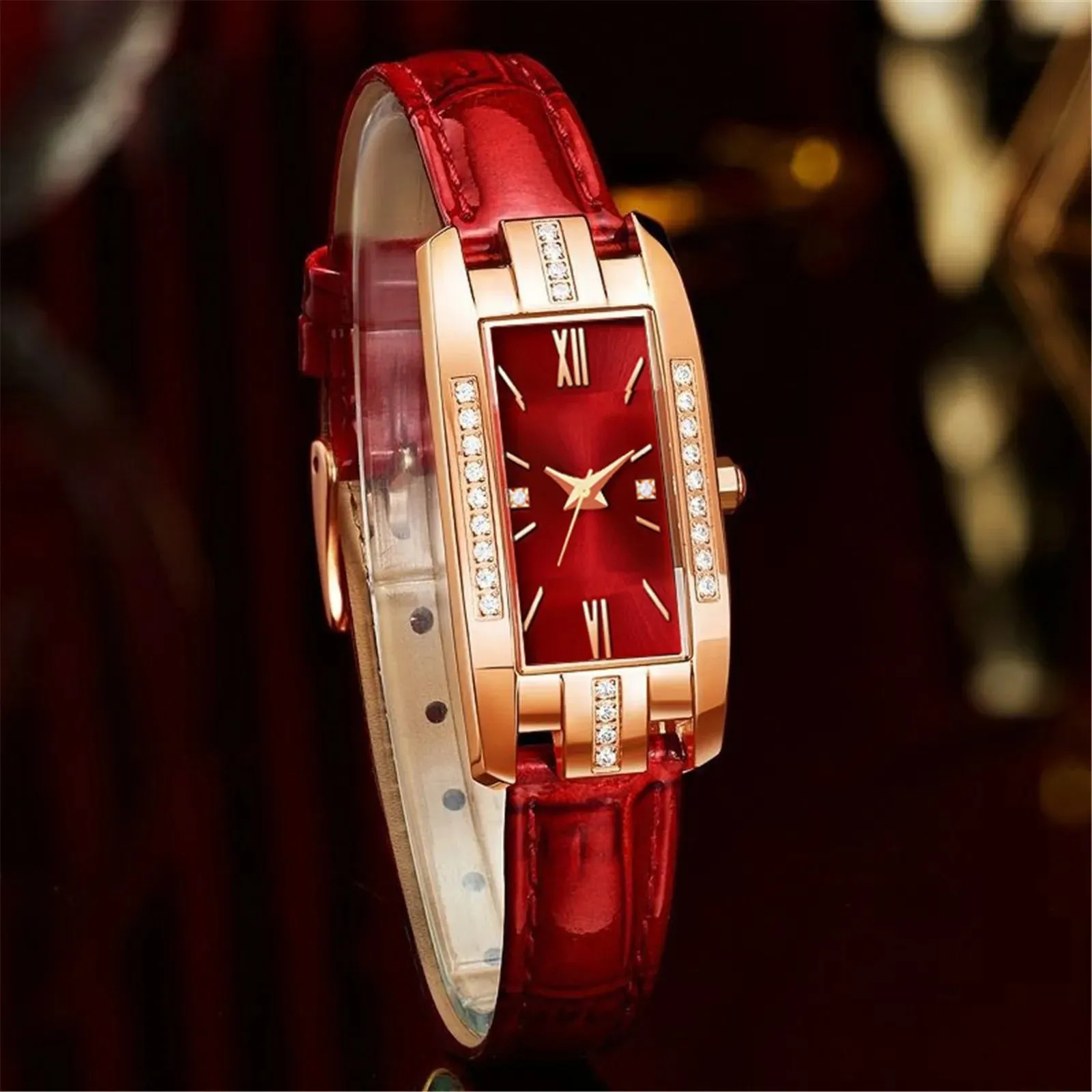 Reloj Mujer Fashion Rectangle Watch Women Red Leather Band Quartz