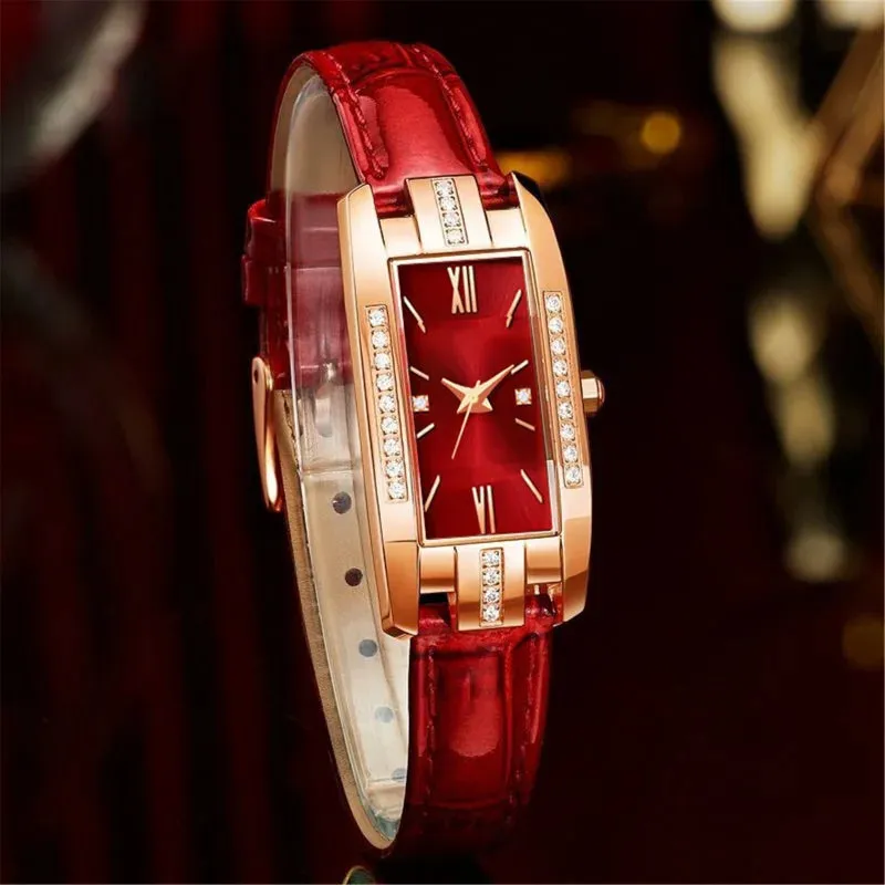 Reloj Mujer Fashion Rectangle Watch Women Red Leather Band Quartz