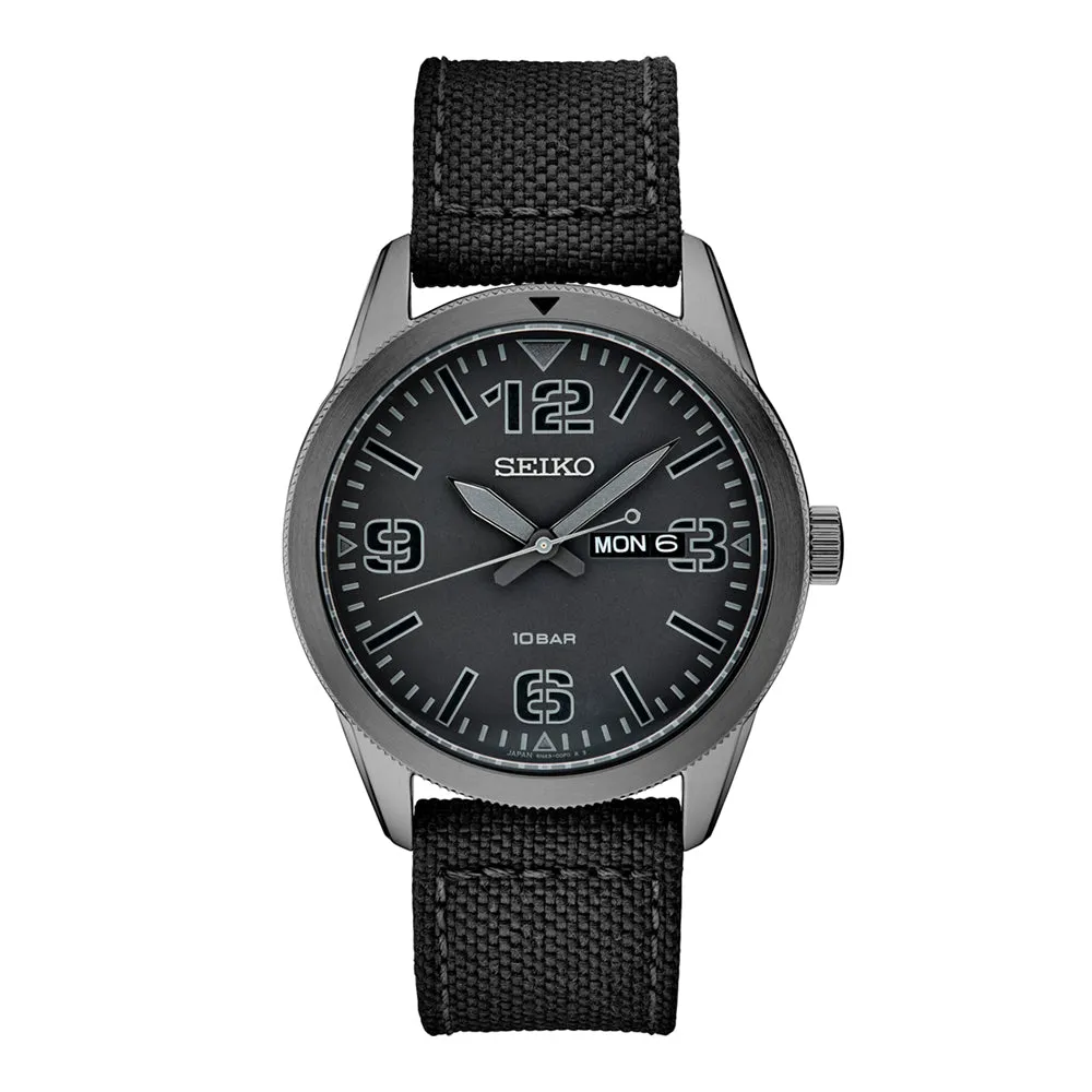 Seiko Men's Pilot Style Black Dial Band Day Date Window Quartz Watch - SUR495