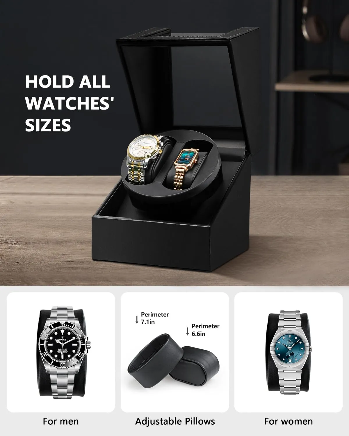 SHOWPIN Automatic Double Watch Winder: Watch Rotator for Automatic Watches, Rotating Watch Box with Super Quiet Motor, 2 Rotation Mode Setting and USB Powered