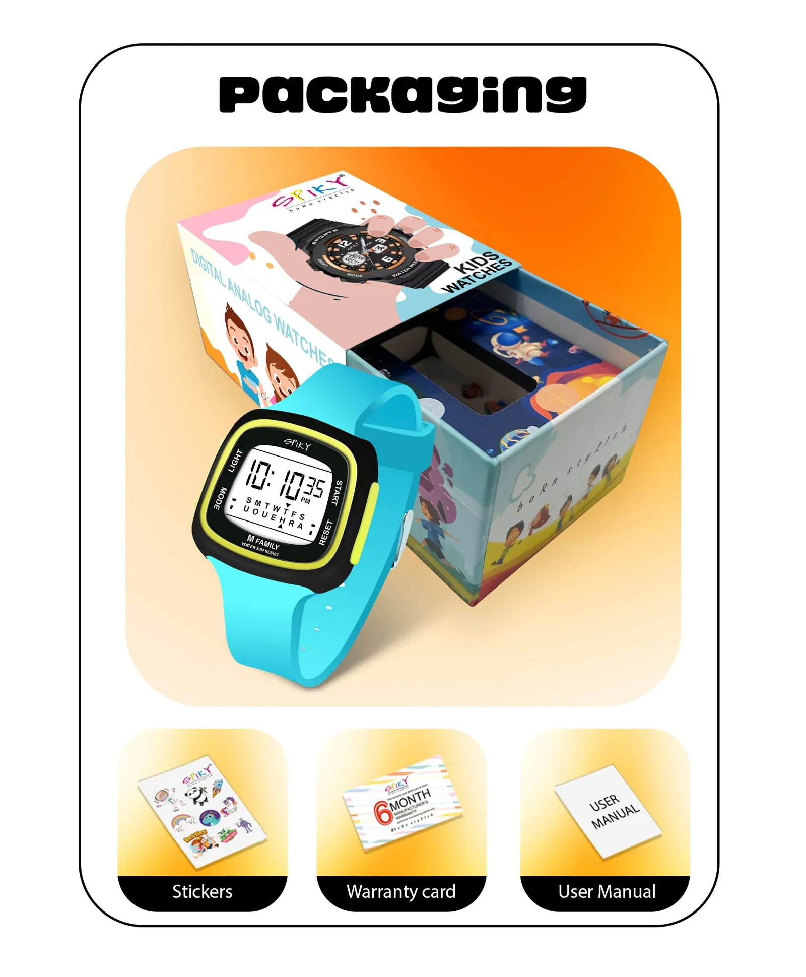 Spiky Unique Square Digital Watch for Kids - Black