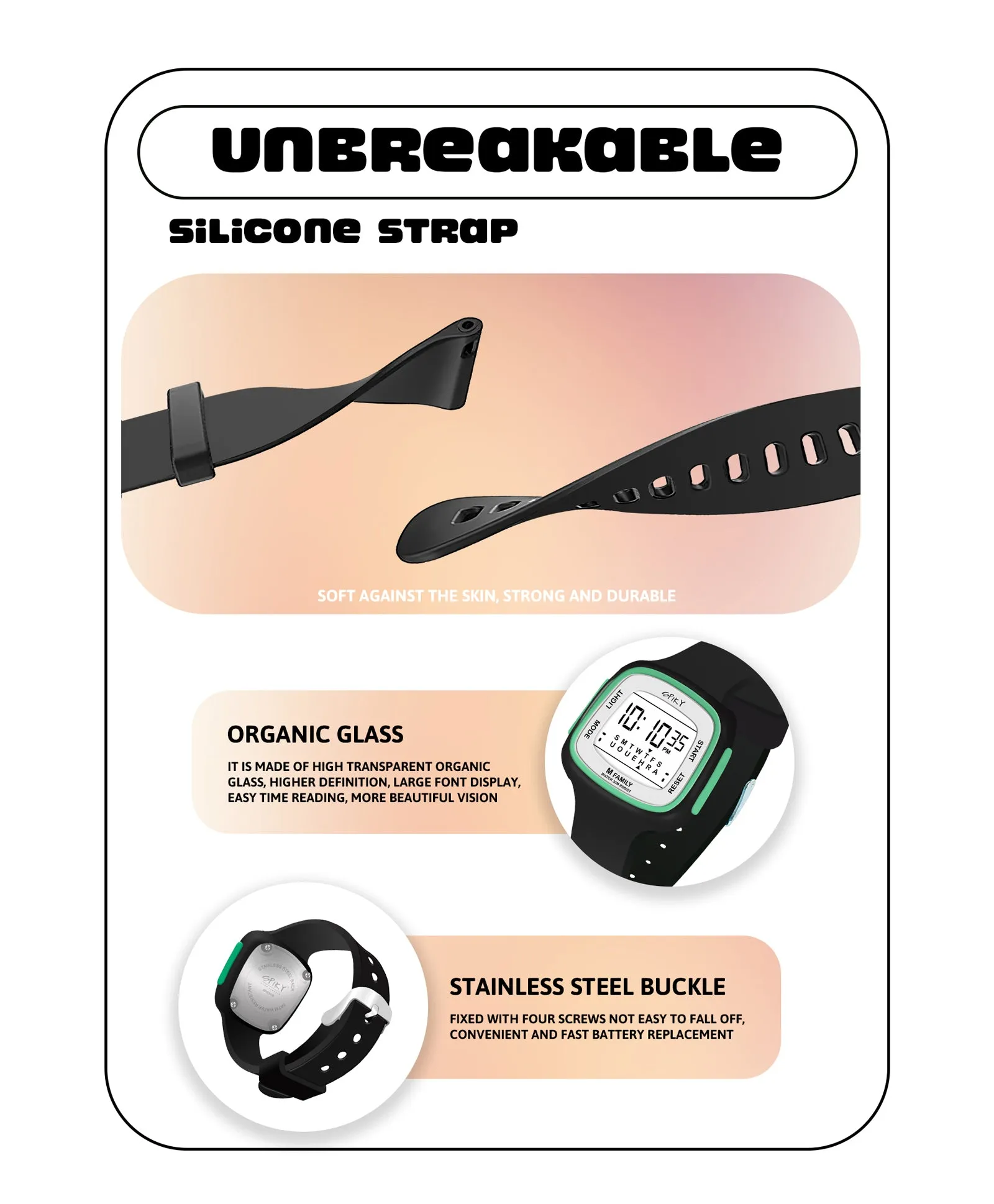 Spiky Unique Square Digital Watch for Kids - Black