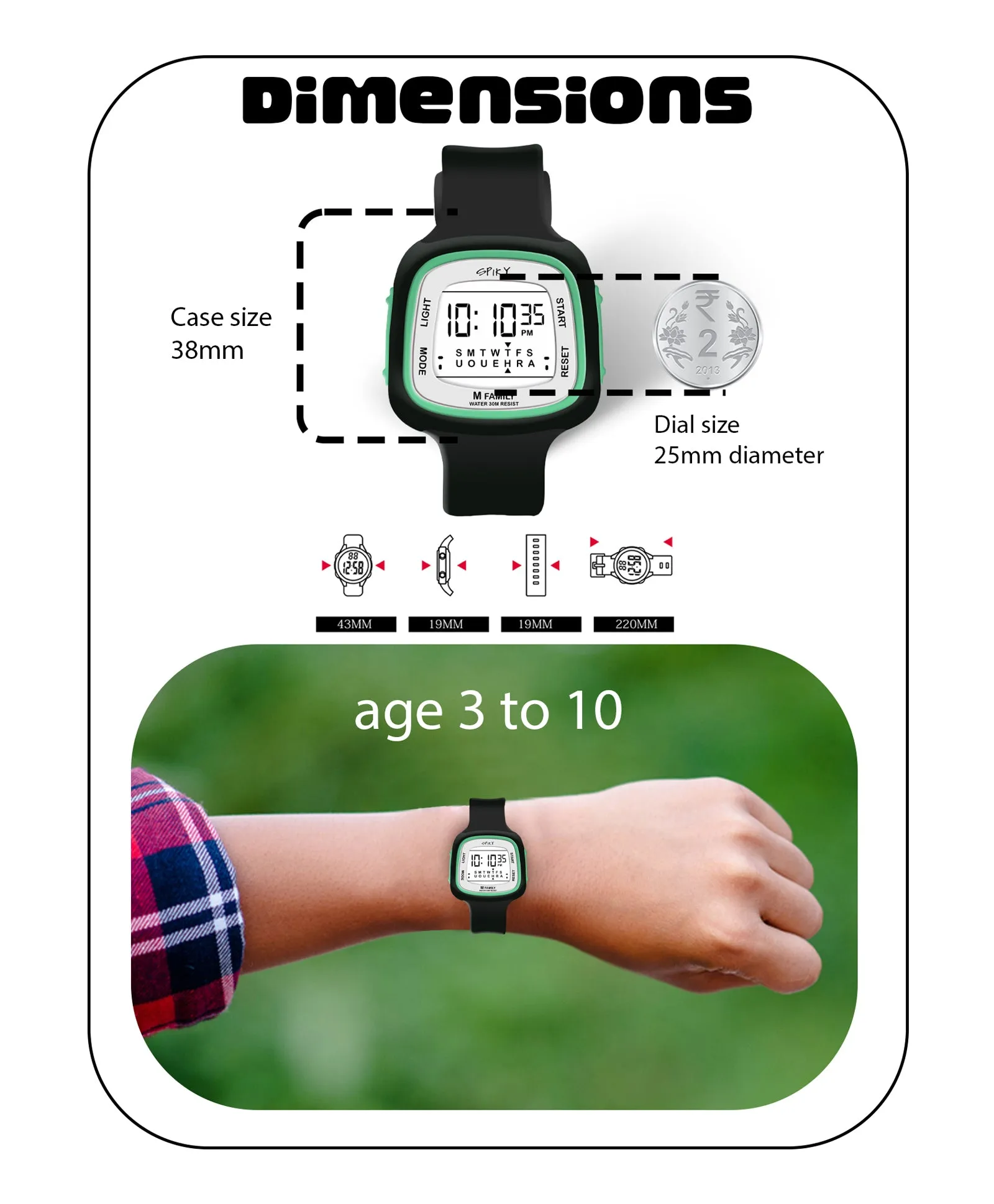 Spiky Unique Square Digital Watch for Kids - Black