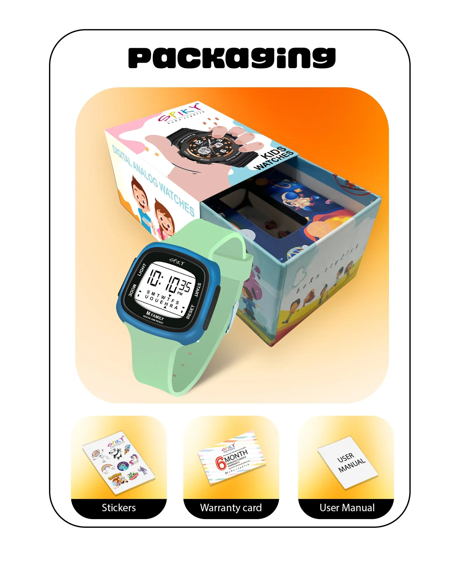 Spiky Unique Square Digital Watch for Kids - Black