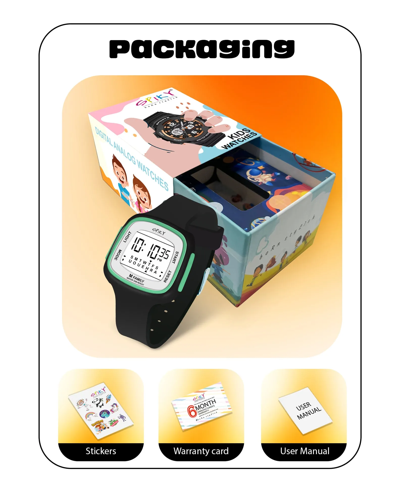 Spiky Unique Square Digital Watch for Kids - Black