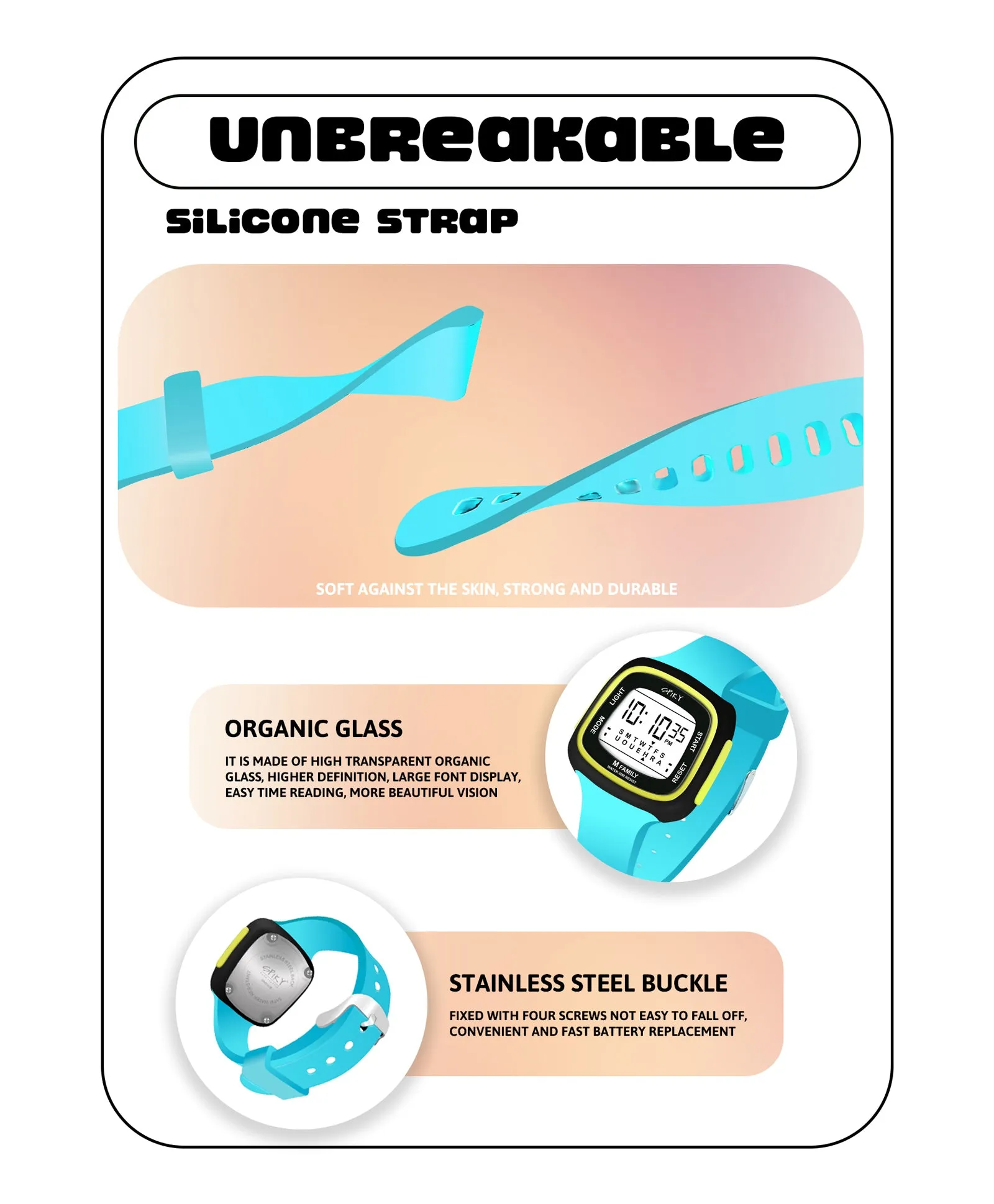 Spiky Unique Square Digital Watch for Kids - Black