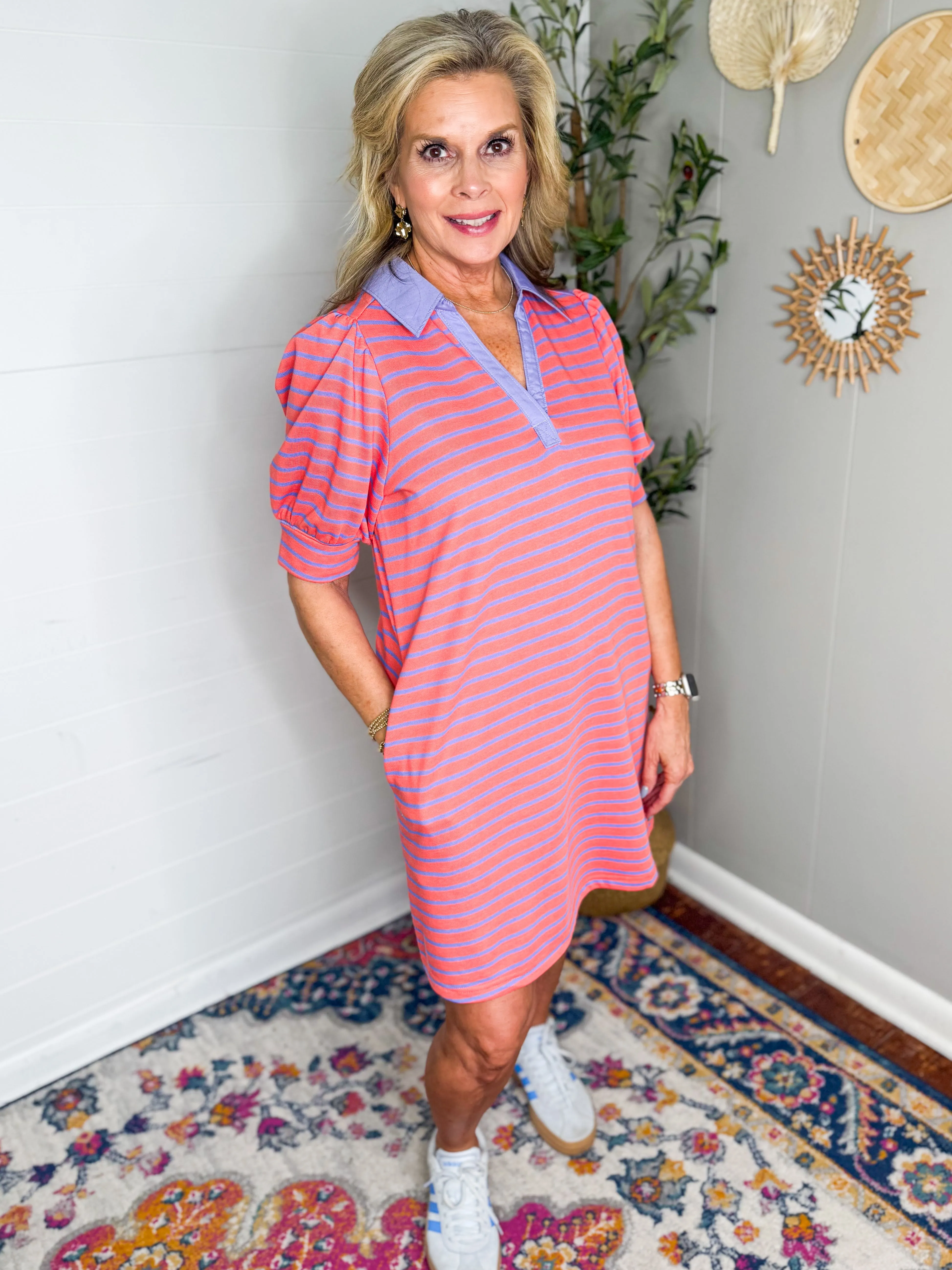 Stripe Print Collared Knit Dress - Grapefruit