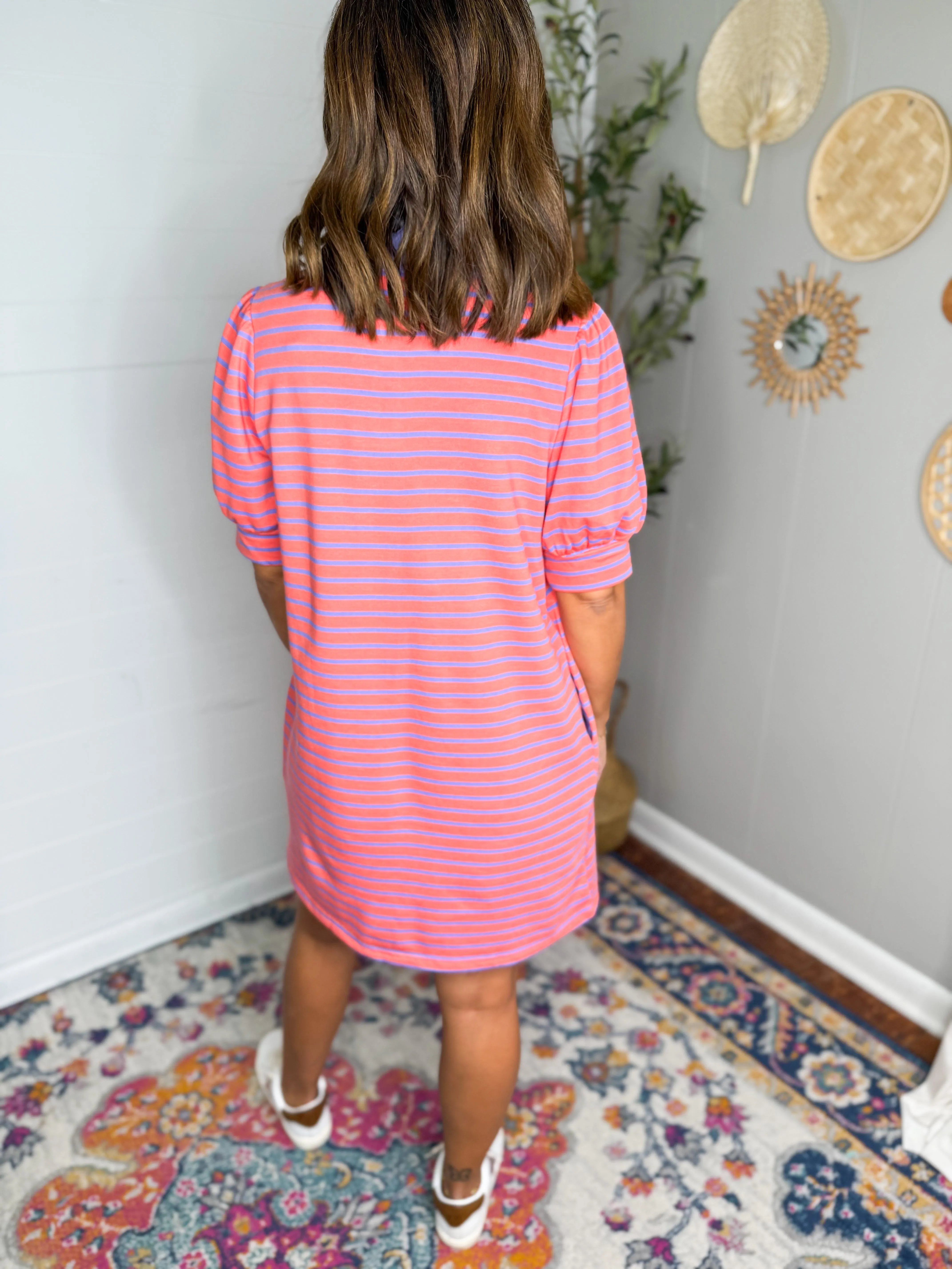 Stripe Print Collared Knit Dress - Grapefruit