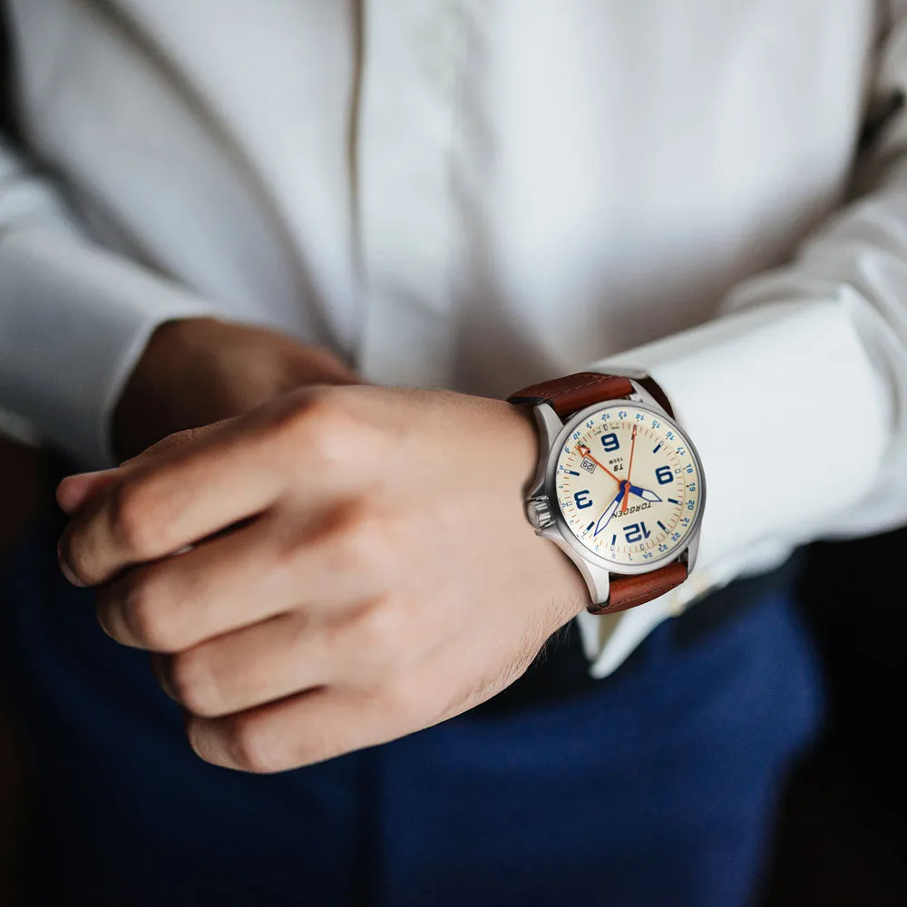 T9 Cream Ibis GMT | 42mm, Brown Vintage Leather Strap