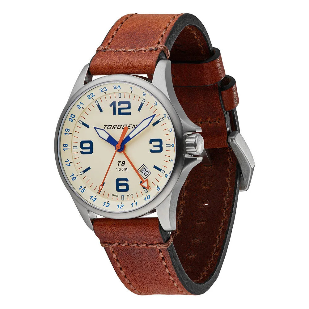 T9 Cream Ibis GMT | 42mm, Brown Vintage Leather Strap