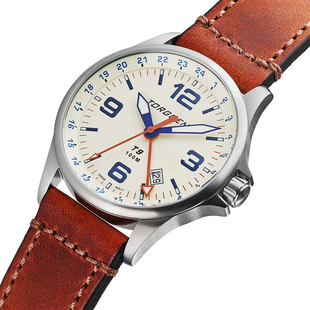 T9 Cream Ibis GMT | 42mm, Brown Vintage Leather Strap