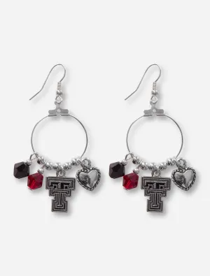 Texas Tech Double T, Heart & Crystal Charm Silver Hoop Earrings