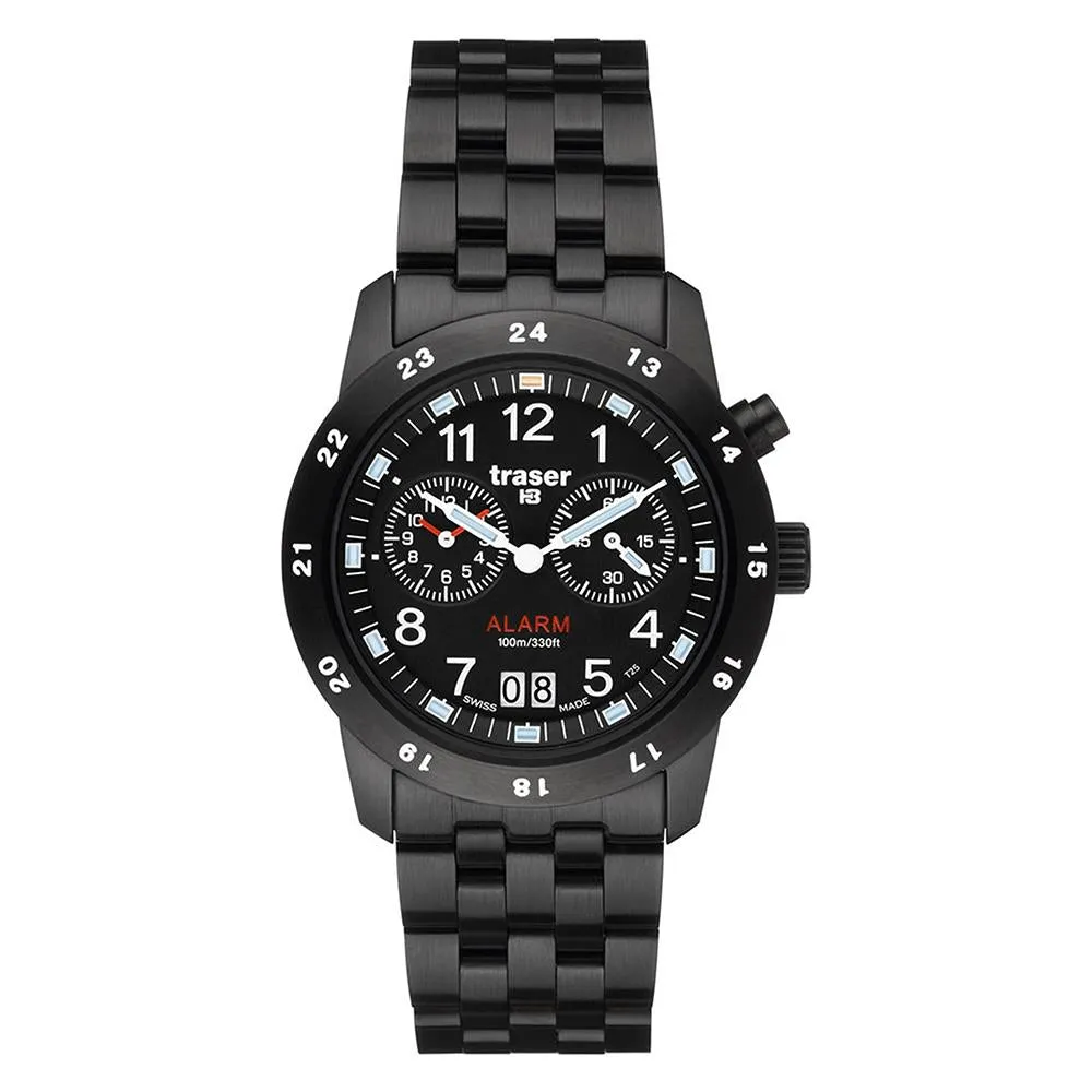 Traser Mens Blue Trigalight Steel Strap Black Dial Round Case Watch - 100264