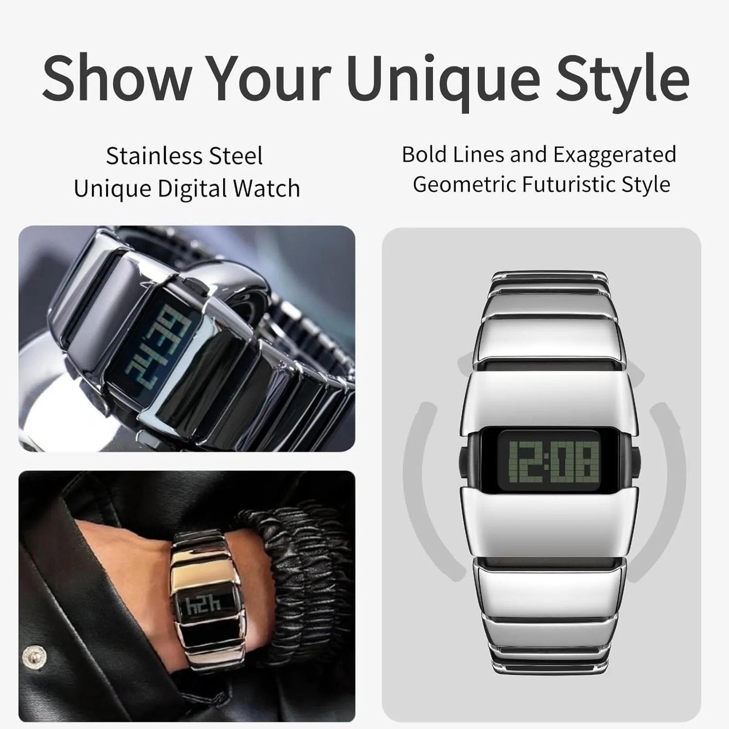 Unique Metal Wristwatch, Stainless Steel Men's Digital Watches,Y2K Watches for Men,3ATM Waterproof