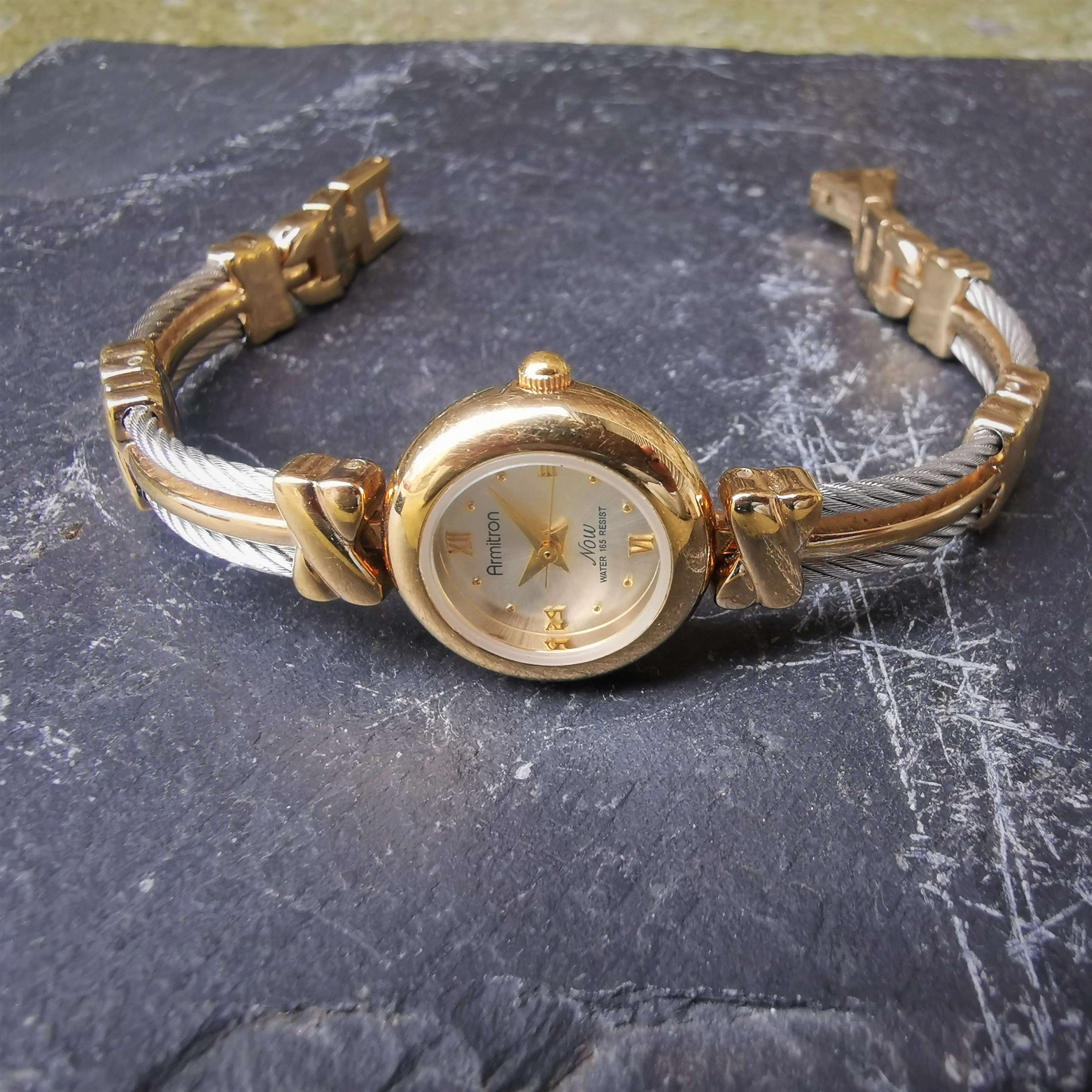Vintage Armitron "NOW" Gold Plated Women's Quartz Watch // With Unique Steel Cable Strap