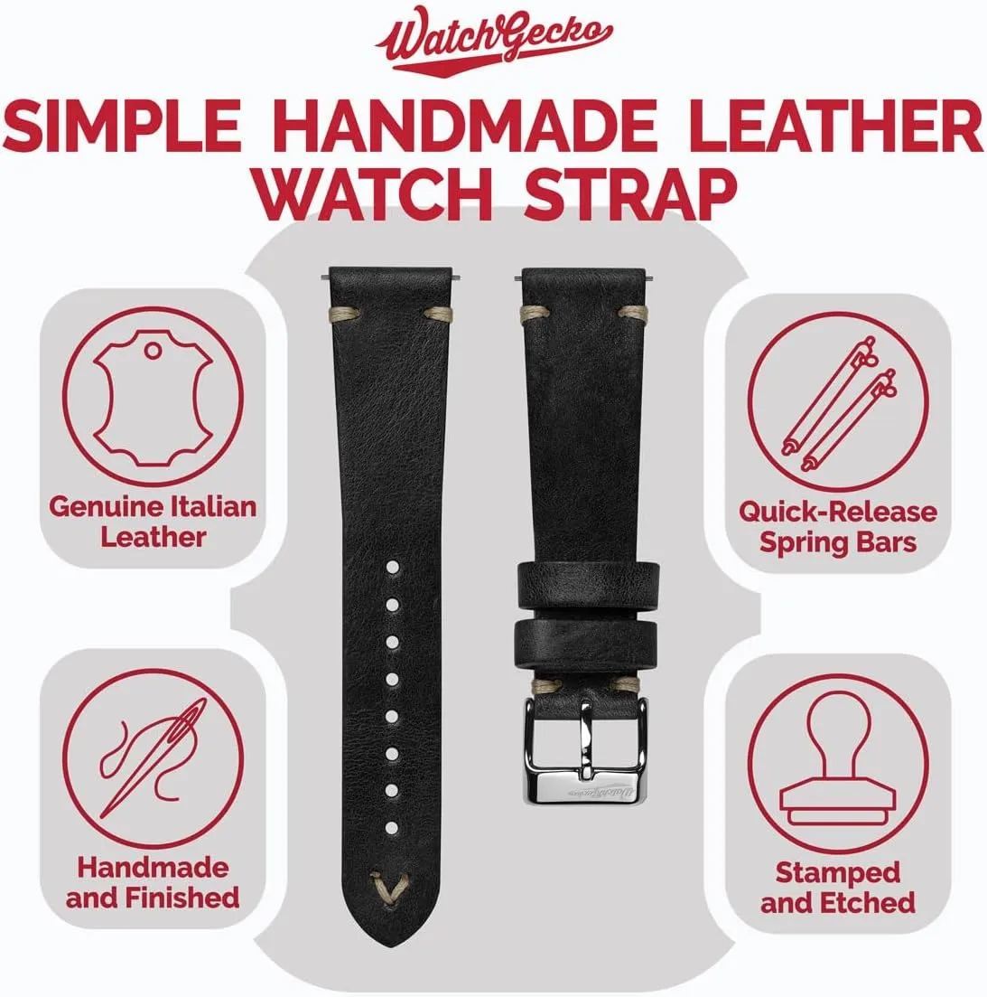 Vintage Simple Handmade Certified Genuine Italian Leather Replacement Watch Strap. Stylish and Durable Mens Wristwatch Strap. Simple double stitching. Easy to Fit - 18mm, 19mm, 20mm, 21mm, 22mm