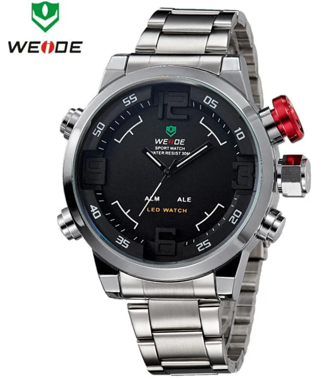 WEIDE Brand Military Watch Men Quartz 30m Waterproof LED Digital Full Stainless Steel Outdoor Sports Watches Dress Wristwatches
