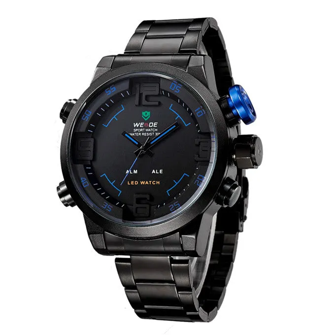 WEIDE Brand Military Watch Men Quartz 30m Waterproof LED Digital Full Stainless Steel Outdoor Sports Watches Dress Wristwatches