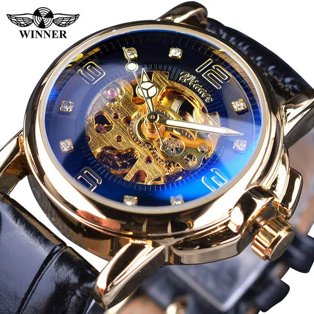 Winner 2017 Ladies Diamond Display Women Top Brand Luxury White Simple Skeleton Transparent Case Automatic Mechanical Watches