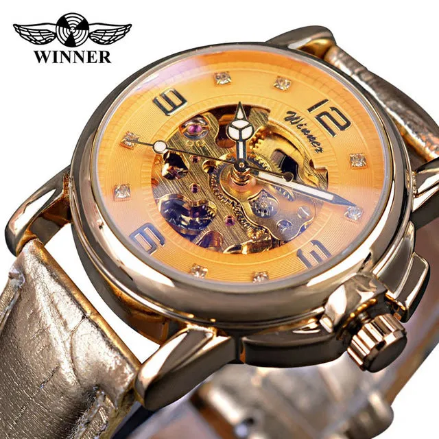 Winner 2017 Ladies Diamond Display Women Top Brand Luxury White Simple Skeleton Transparent Case Automatic Mechanical Watches