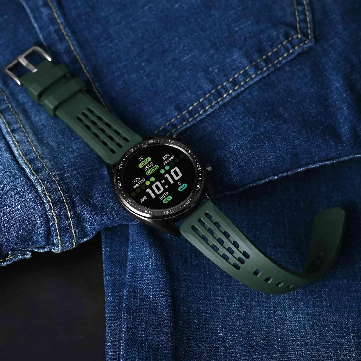 WOCCI 21mm Rally Watch Band, FKM Rubber Strap, Quick Release, Black Matte Buckle (Green)