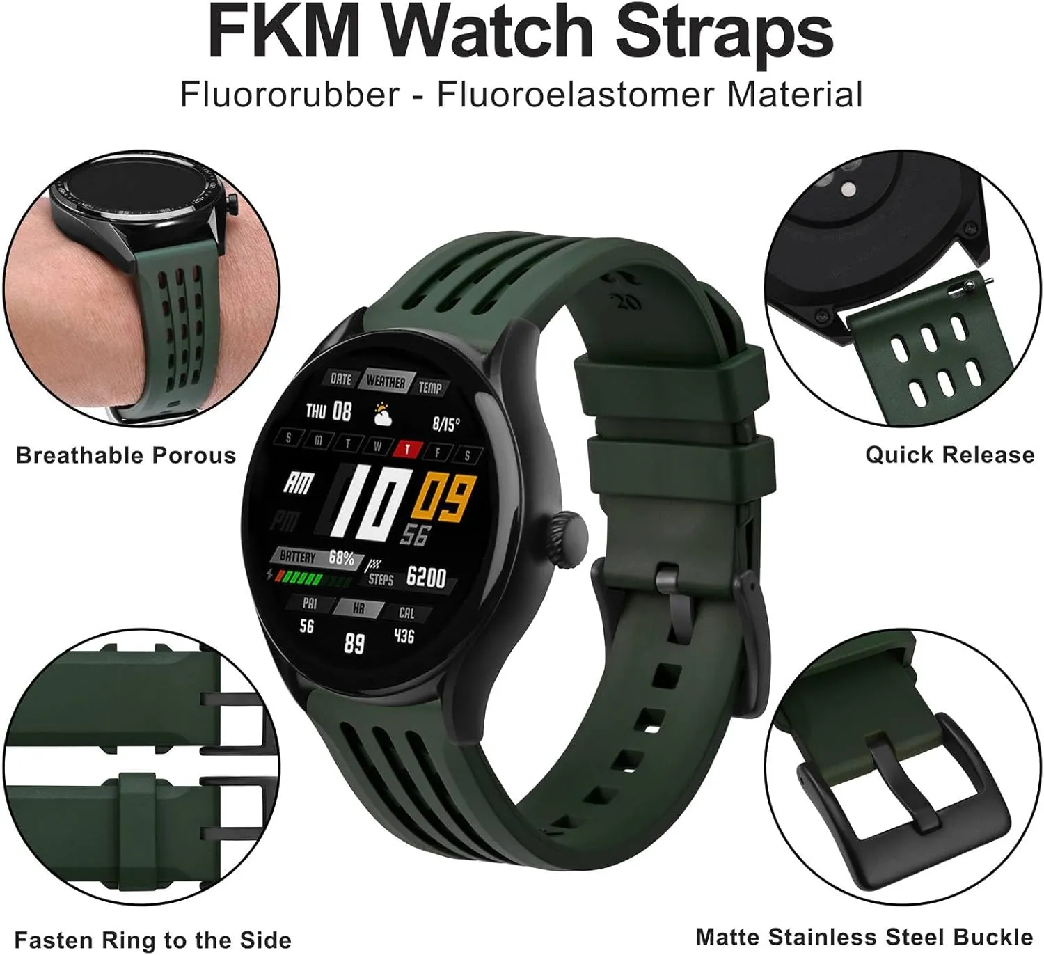 WOCCI 21mm Rally Watch Band, FKM Rubber Strap, Quick Release, Black Matte Buckle (Green)