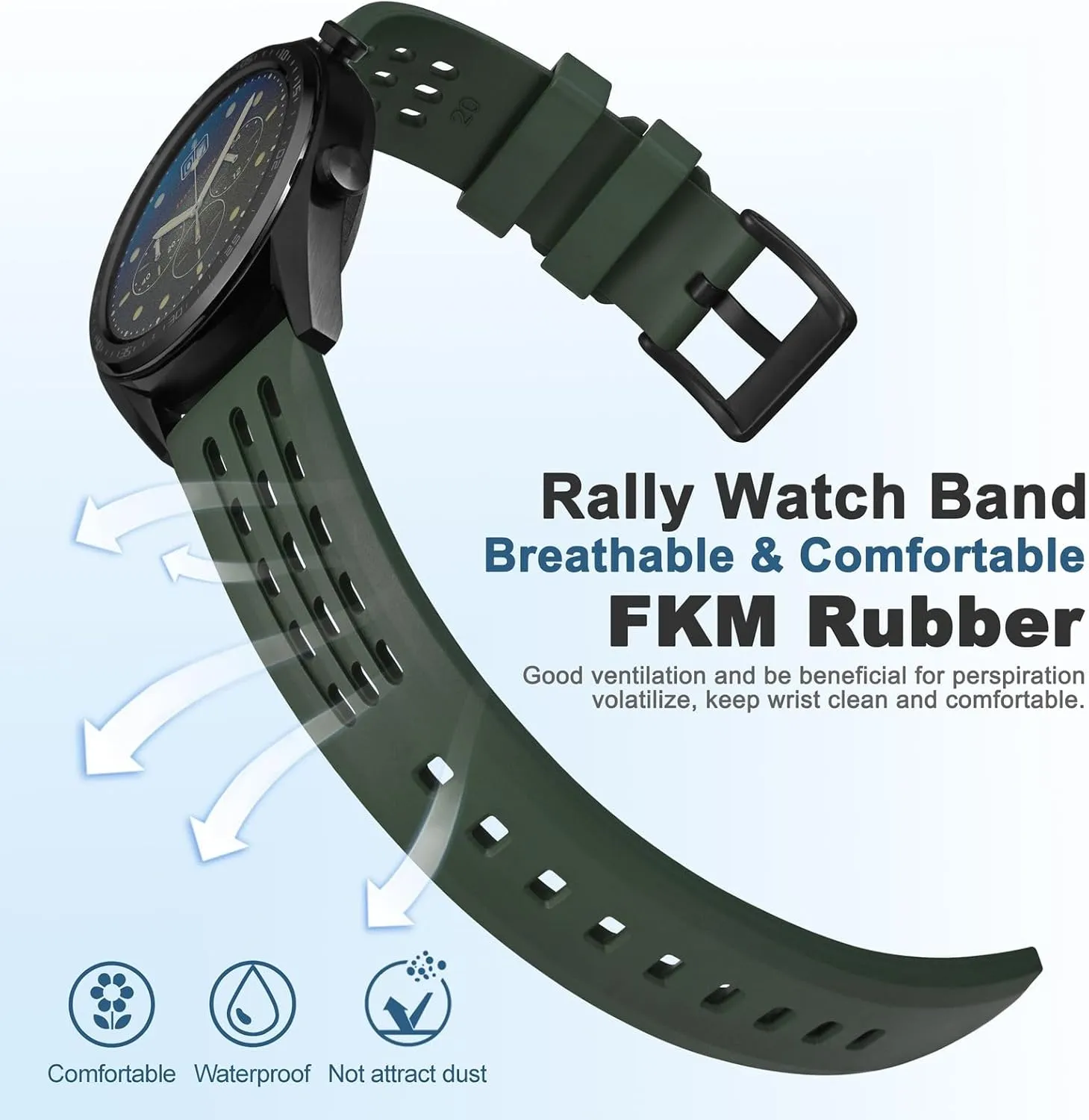 WOCCI 21mm Rally Watch Band, FKM Rubber Strap, Quick Release, Black Matte Buckle (Green)