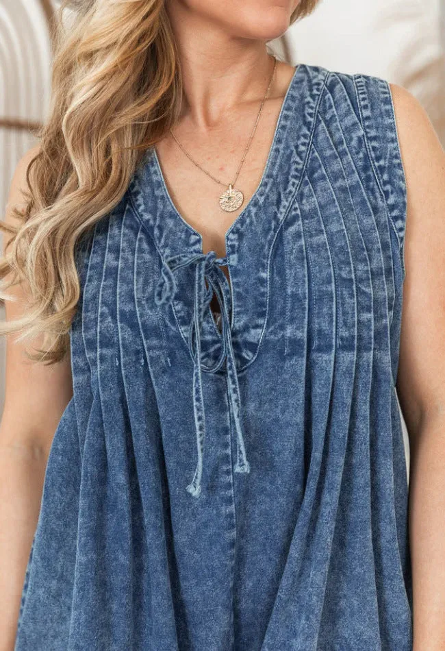 Womens Denim Romper  Loose Fit  Sleeveless  Lace-Up V-Neck  Short Casual Style