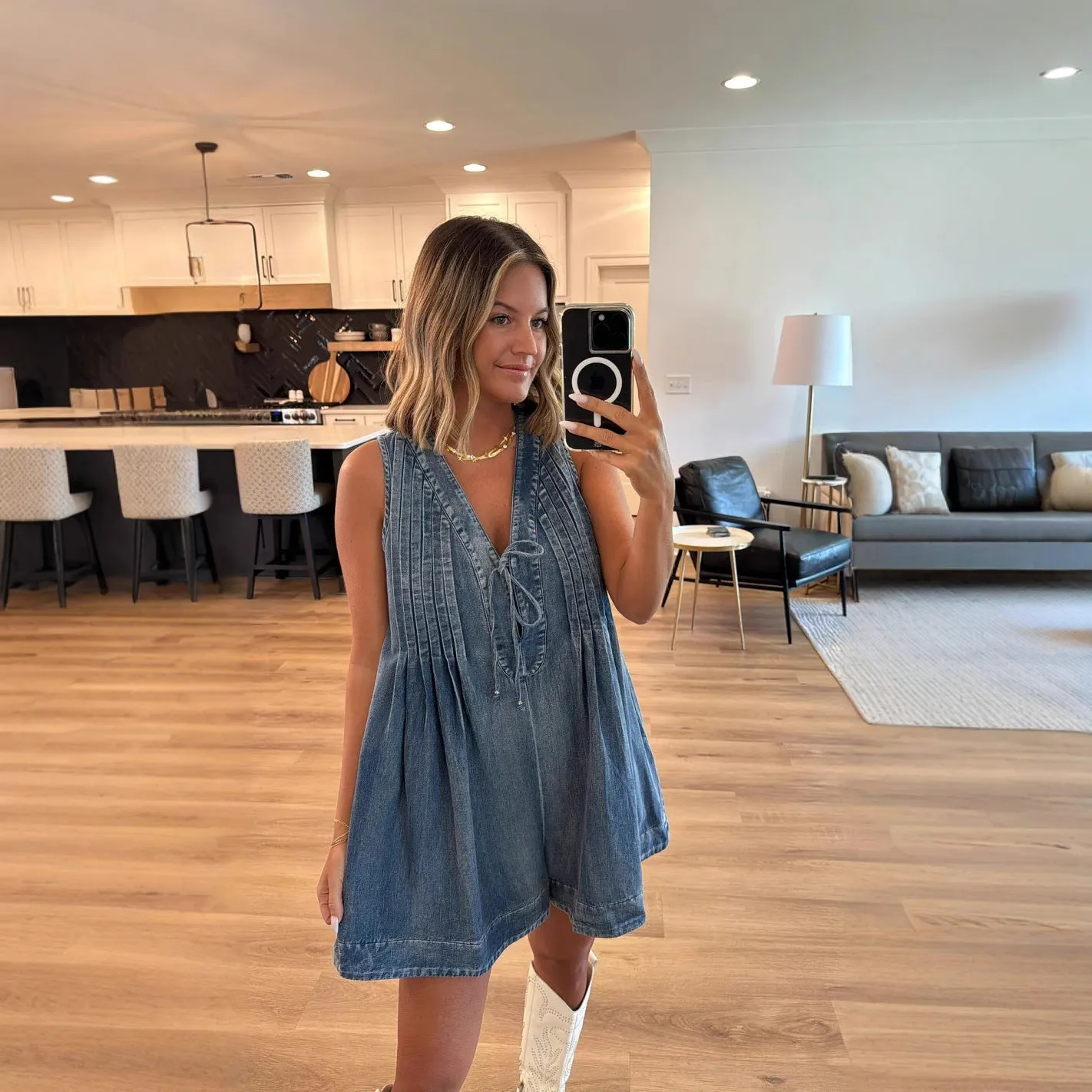 Womens Denim Romper  Loose Fit  Sleeveless  Lace-Up V-Neck  Short Casual Style