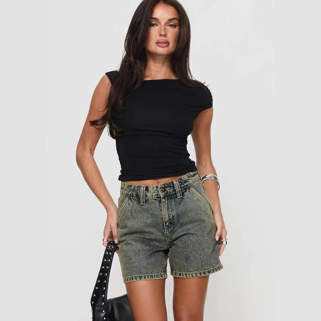 Womens Denim Shorts  Mid-Rise  Relaxed Fit  Button Zip  5-Pocket Casual Style