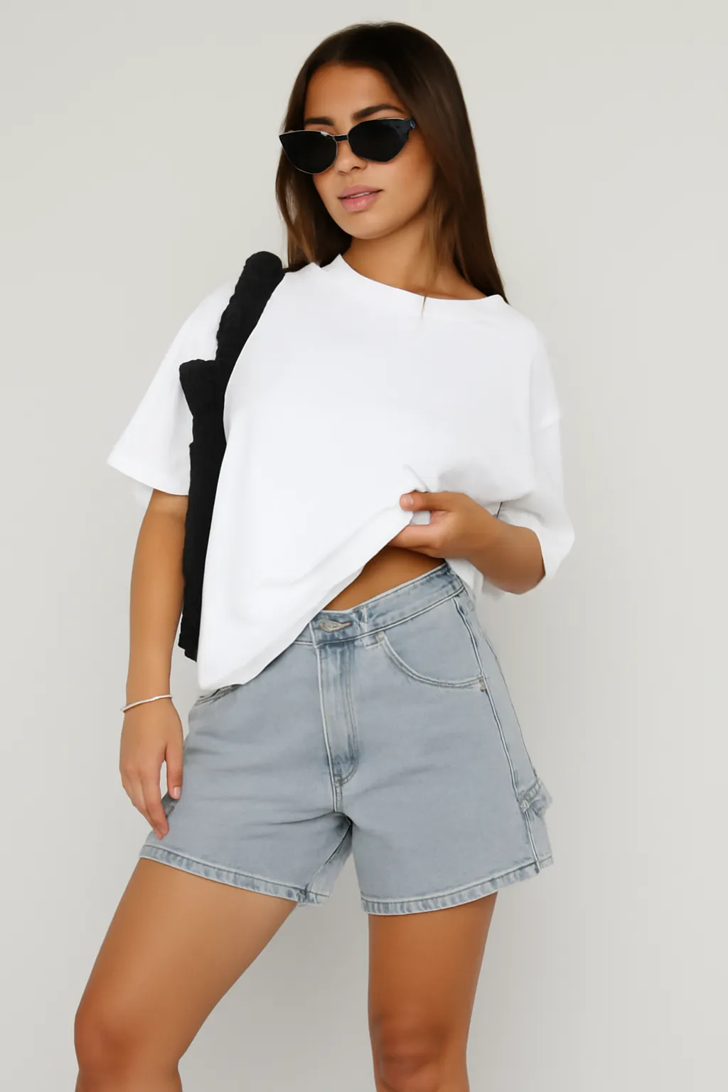 Womens Denim Shorts  Mid-Rise  Relaxed Fit  Button Zip  5-Pocket Casual Style