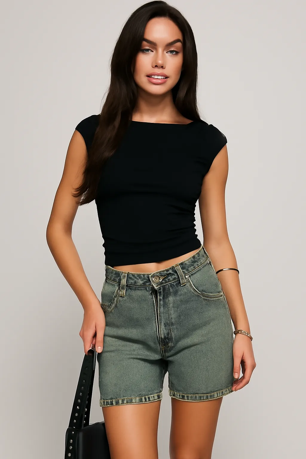 Womens Denim Shorts  Mid-Rise  Relaxed Fit  Button Zip  5-Pocket Casual Style