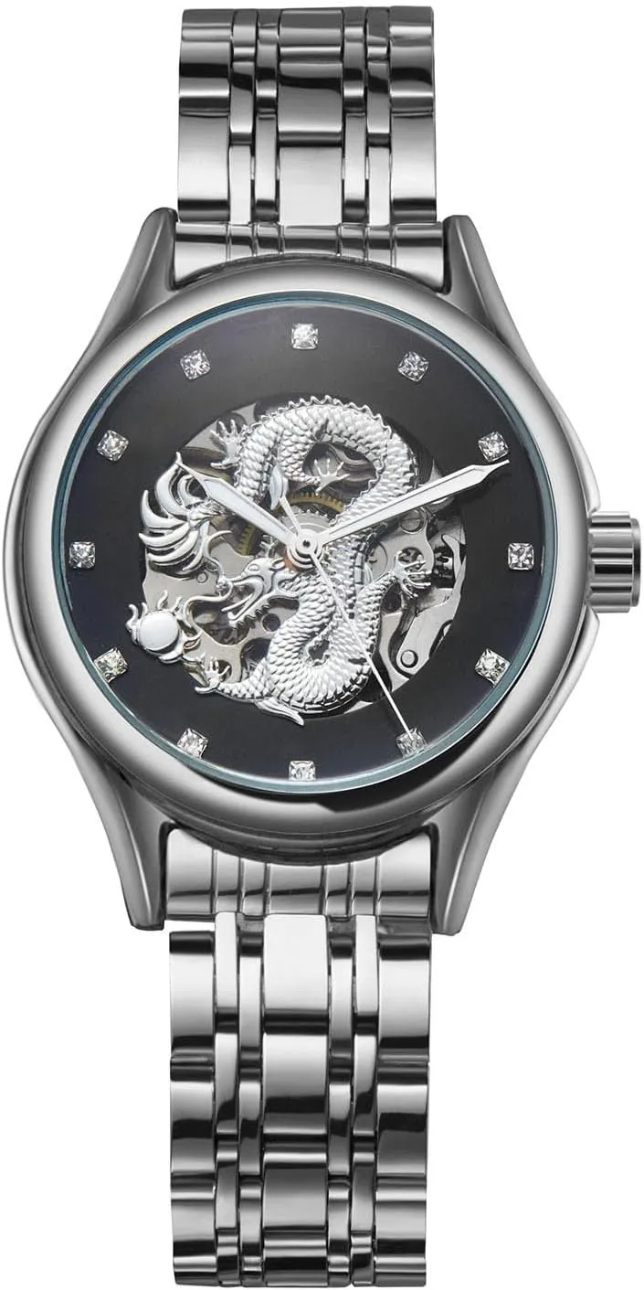 Women's Waterproof Mechanical Watch Dragon Dial Automatic Classic Vintage Stainless Steel Watch