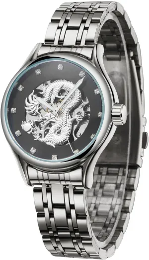 Women's Waterproof Mechanical Watch Dragon Dial Automatic Classic Vintage Stainless Steel Watch