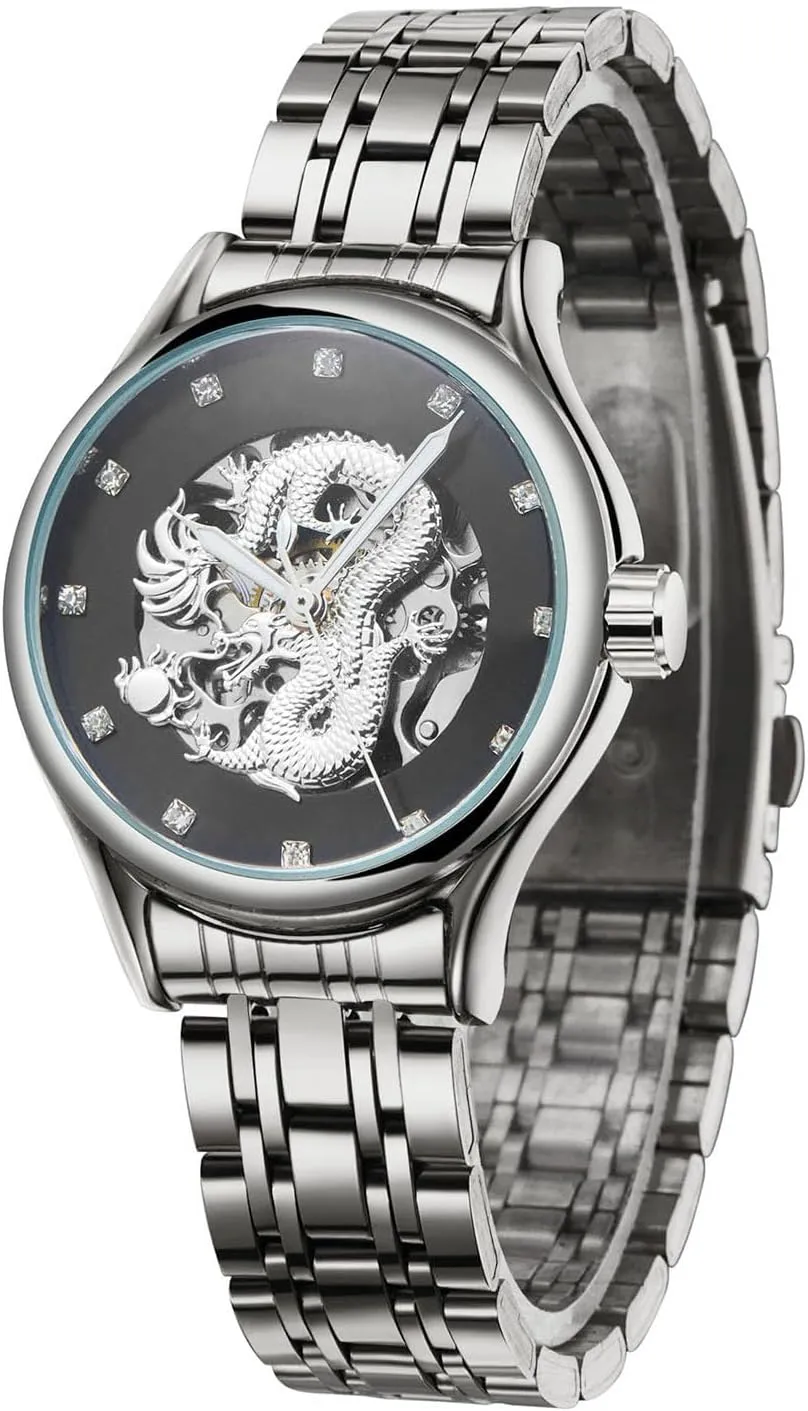 Women's Waterproof Mechanical Watch Dragon Dial Automatic Classic Vintage Stainless Steel Watch