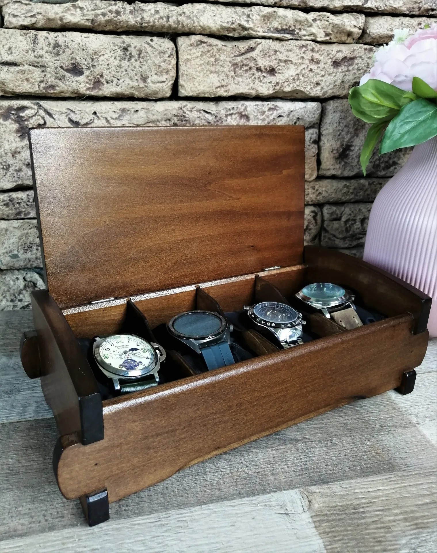 Wood Watch Box Handmade | Watch Organizer with 4 Compartments | Birthday Husband Gift